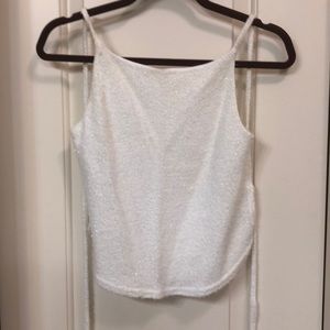 Backless white sparkly top w back tie.